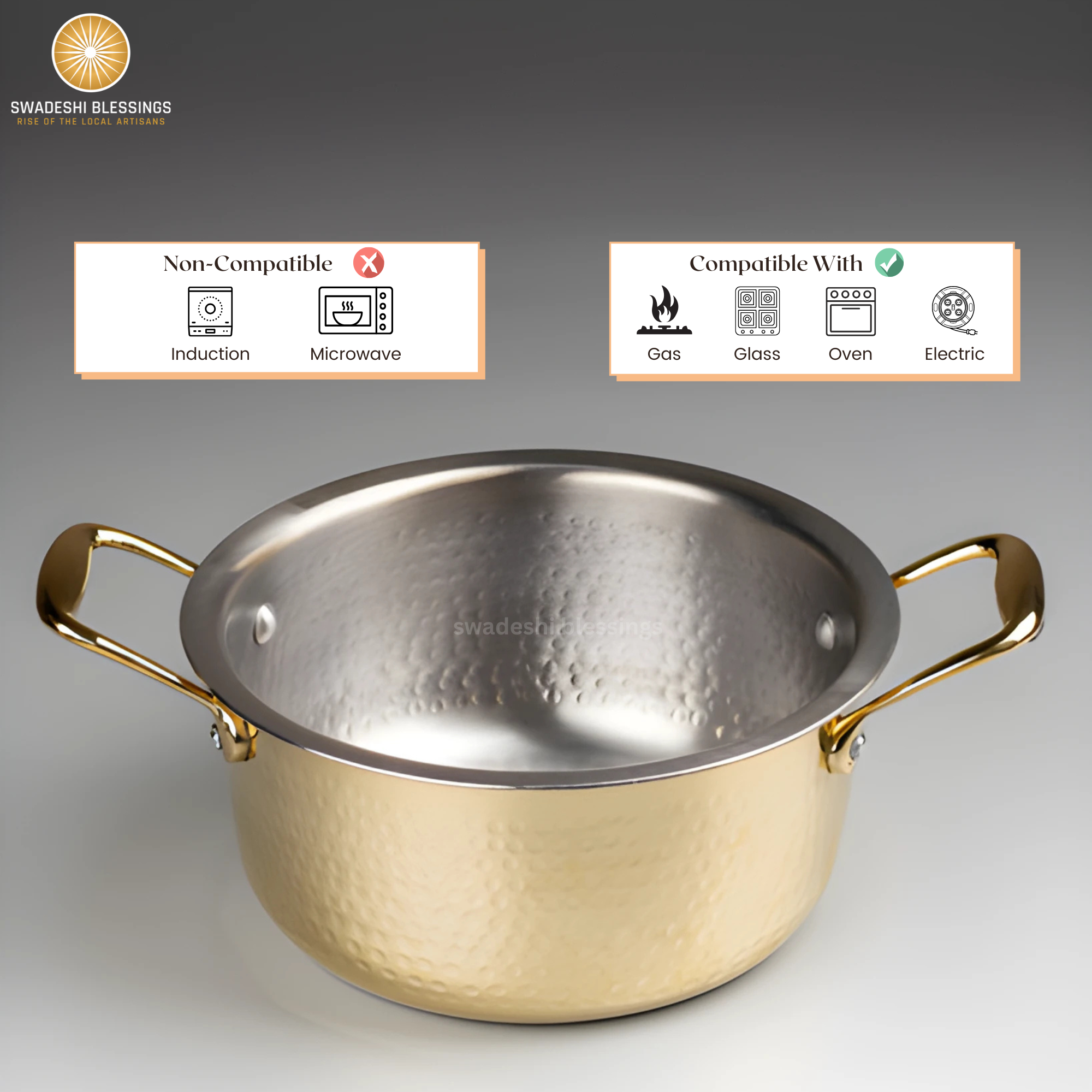 Swadeshi Blessings Exclusive Range Brass Pot/ Non-Stick Brass Utensils with Tin Coating/Teflon-Free/ Brass Sauce Pan & Pot Combo 1.5L & 2L