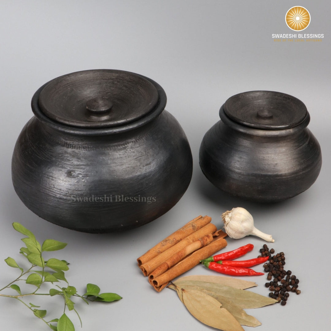 Unglazed Clay Pot for Cooking | Earthen Kadhai | Terracota Black Handi | Clay Handi for Serving with Lid, Black | Includes Free Palm Leaf Stand and Ash for Cleaning
