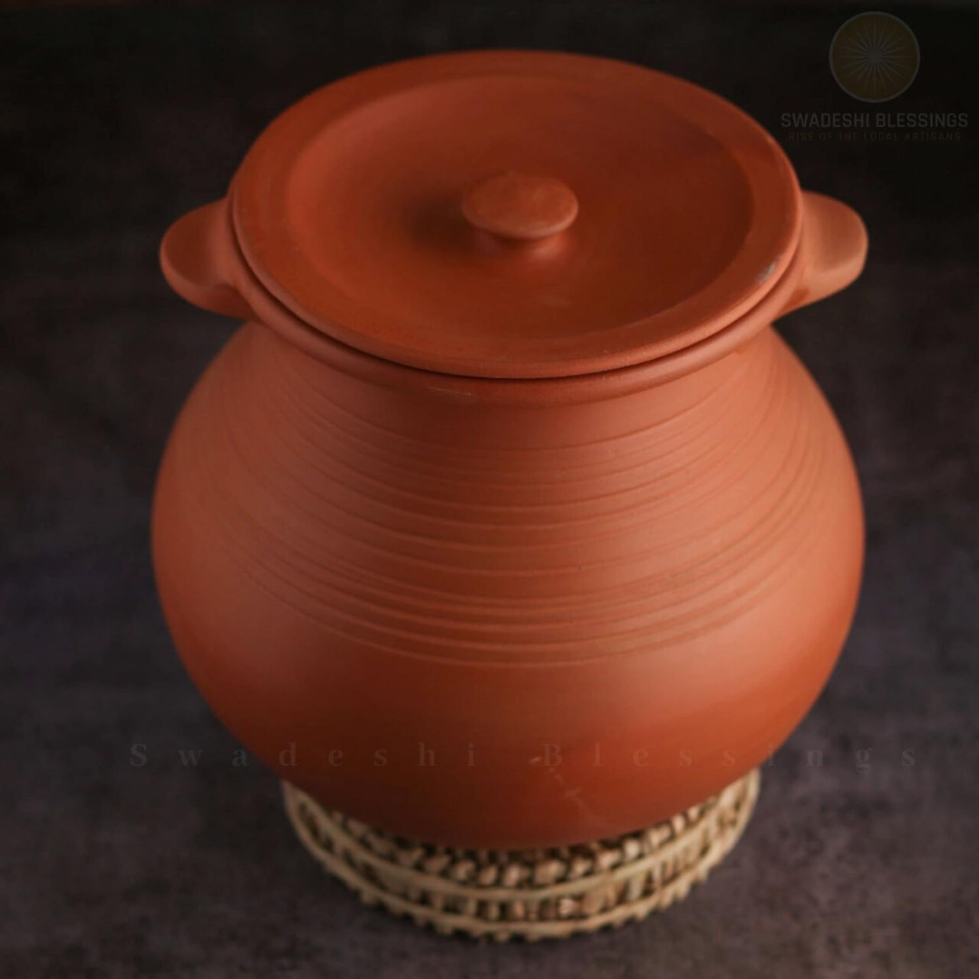 Unglazed Clay Pot for Cooking | Earthen Kadhai | Deep Terracota Kadhai | Clay Handi for Serving with Lid | Includes Free Palm Leaf Stand and Ash for Cleaning