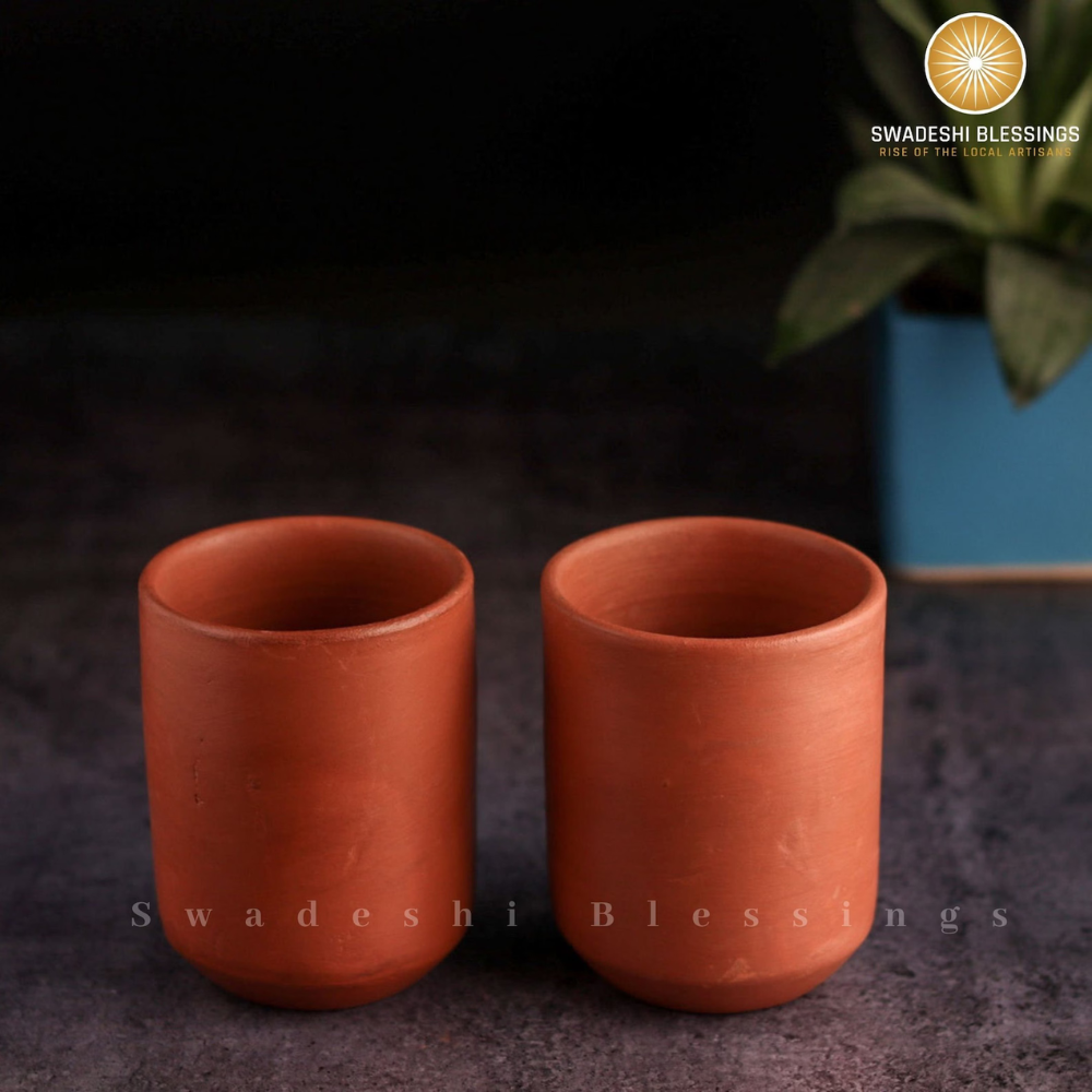 Unglazed Clay Dahi Handi/ Clay Curd Pot with Lid 1.3L & Clay Glass Set Combo  (with Natural White Firing Shade & Mirror Shine) + Free ASH for Cleaning