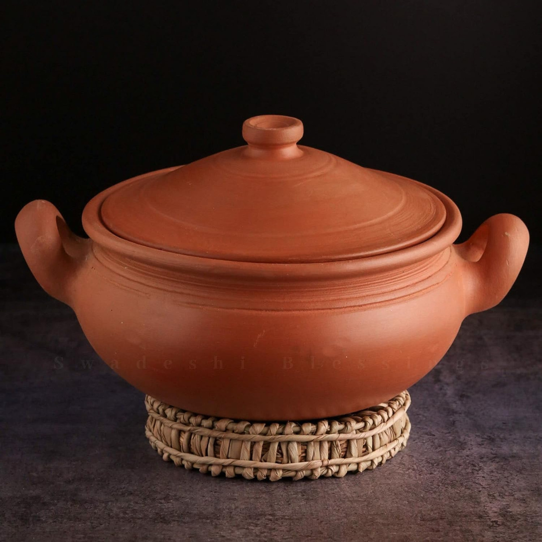 Unglazed Clay Pot for Cooking | Earthen Kadhai | Round Terracota Kadhai | Clay Handi for Serving with Lid | Includes Free Palm Leaf Stand and Ash for Cleaning