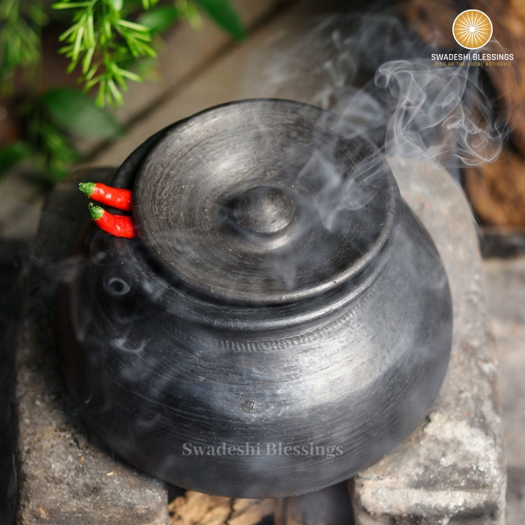 Unglazed Clay Pot for Cooking | Earthen Kadhai | Terracota Black Handi | Clay Handi for Serving with Lid, Black | Includes Free Palm Leaf Stand and Ash for Cleaning