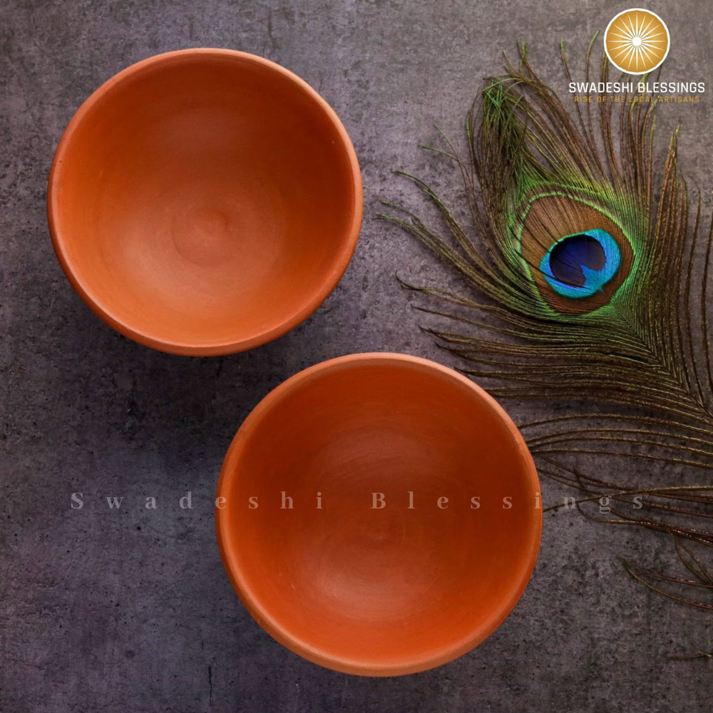 Unglazed Clay Bowl Set & Handmade Clay Glass Set Combo (with Natural White Firing Shade & Mirror Shine) + Free ASH for Cleaning