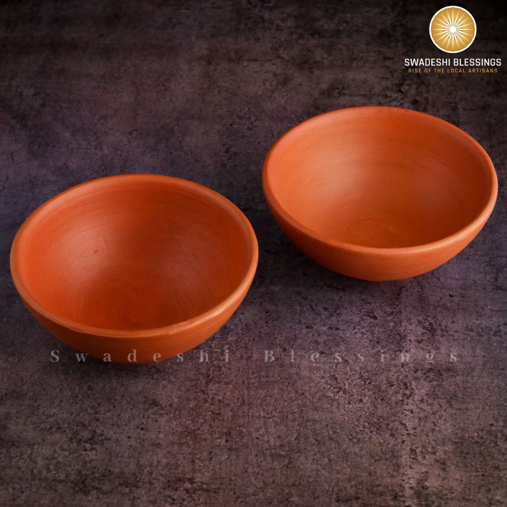 Unglazed Clay Bowl Set & Handmade Clay Glass Set Combo (with Natural White Firing Shade & Mirror Shine) + Free ASH for Cleaning