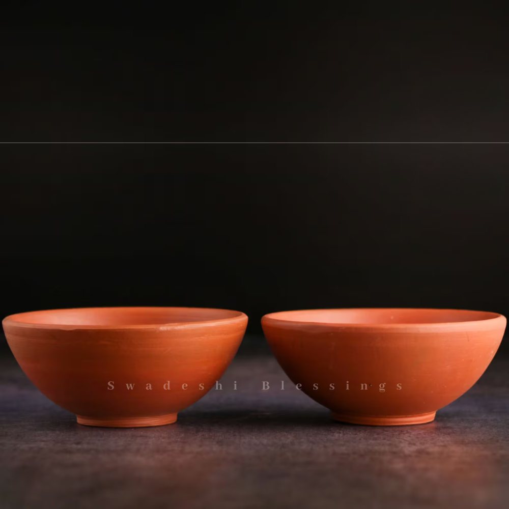 Unglazed Clay Bowl Set & Handmade Clay Glass Set Combo (with Natural White Firing Shade & Mirror Shine) + Free ASH for Cleaning