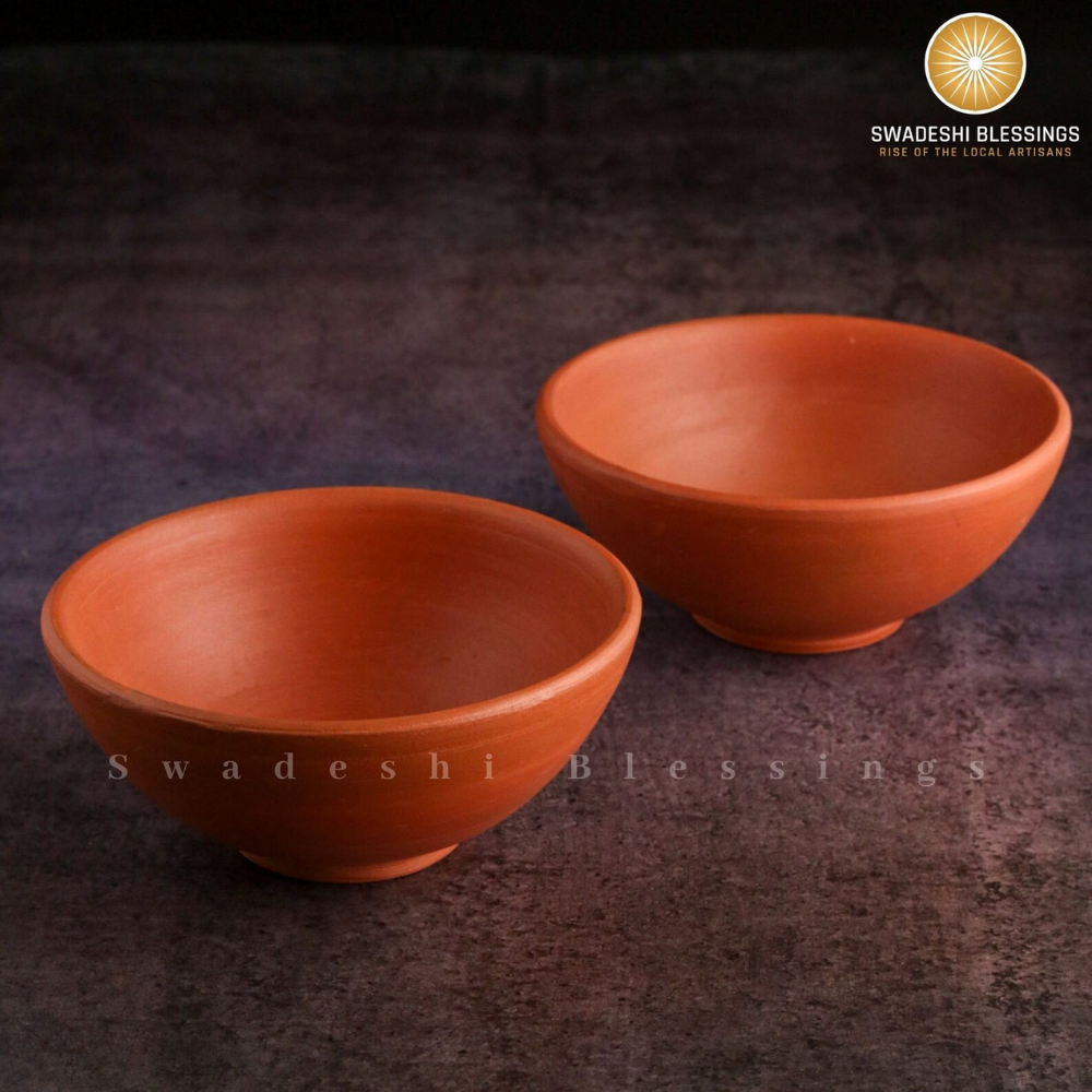 Unglazed Clay Bowl Set & Handmade Clay Glass Set Combo (with Natural White Firing Shade & Mirror Shine) + Free ASH for Cleaning