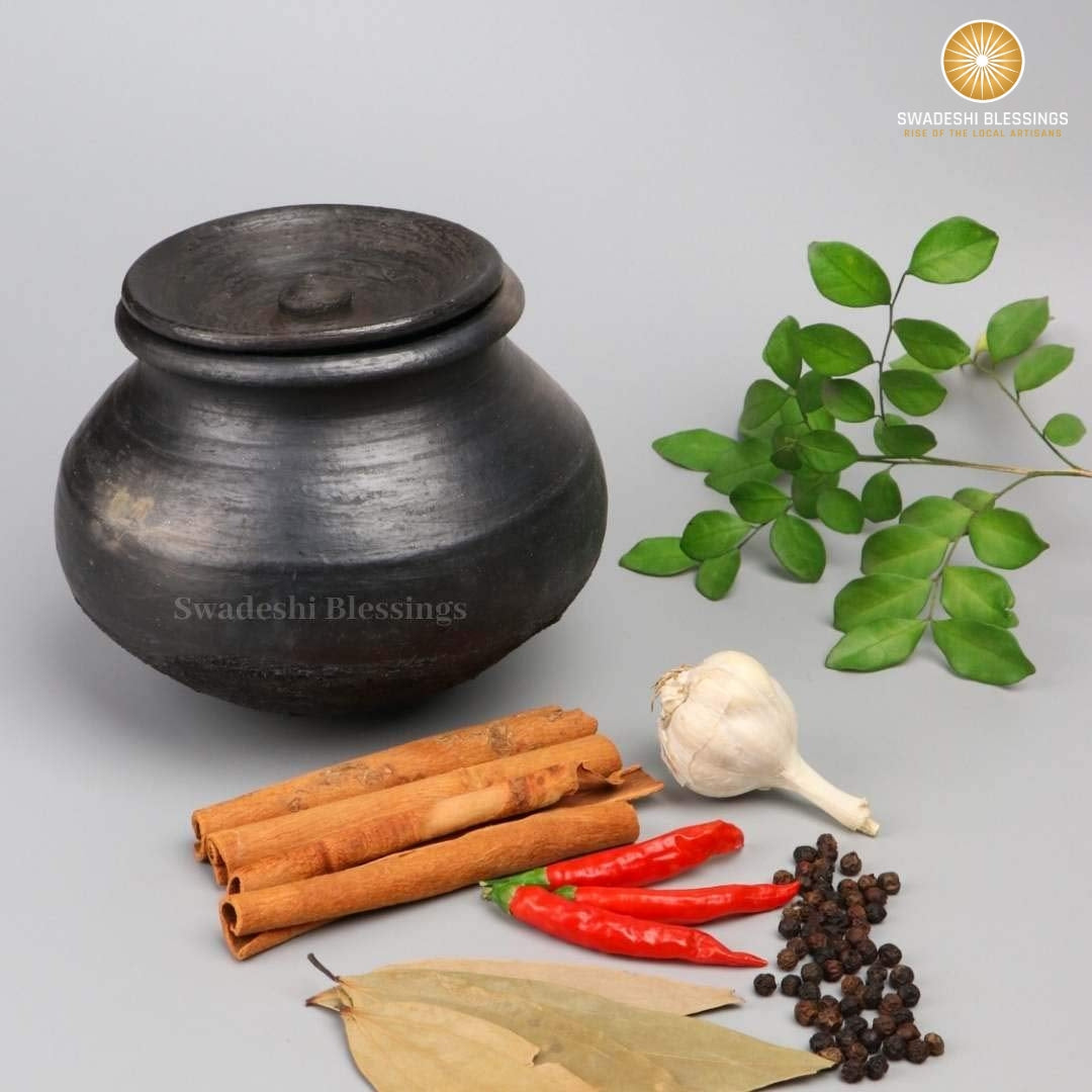 Unglazed Clay Pot for Cooking | Earthen Kadhai | Terracota Black Handi | Clay Handi for Serving with Lid, Black | Includes Free Palm Leaf Stand and Ash for Cleaning