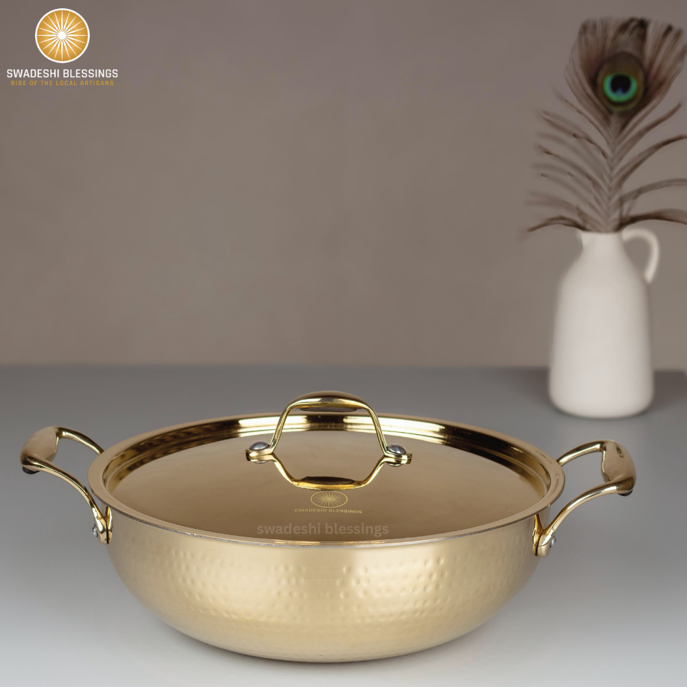 Swadeshi Blessings Exclusive Range Brass Kadai/ Wok Pan for Cooking with Lid/Teflon-Free/Naturally Non-Stick Brass Utensils with Tin Coating