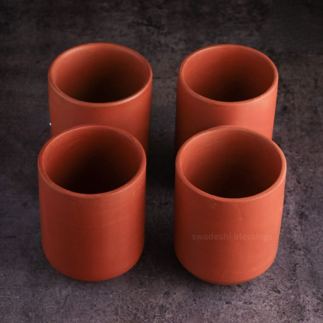 Premium Handmade Unglazed Royal Clay Glass Set | Tea & Coffee Cups, 300ml each | Antique Terracotta Glasses set | Drinking Glass
