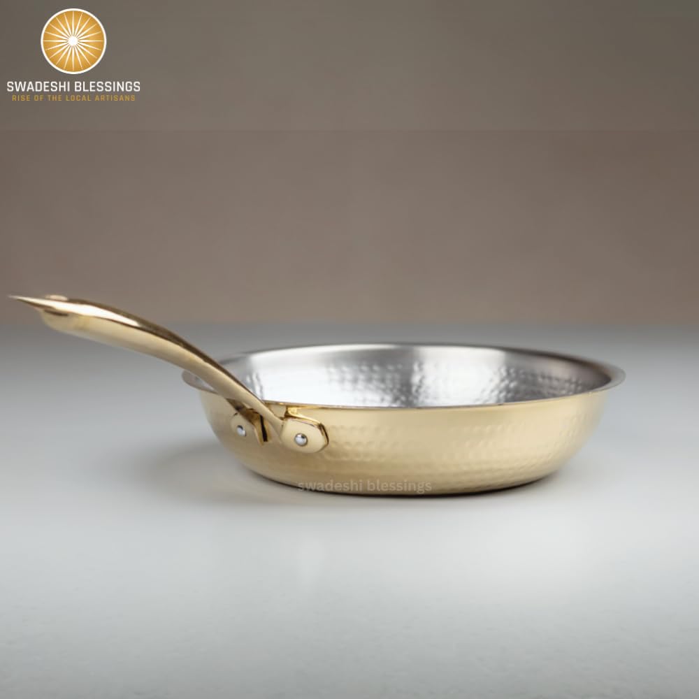 Swadeshi Blessings Exclusive Range Brass Frying Pan for Cooking without Lid/Teflon-Free/Naturally Non-Stick Brass Utensils with Tin Coating