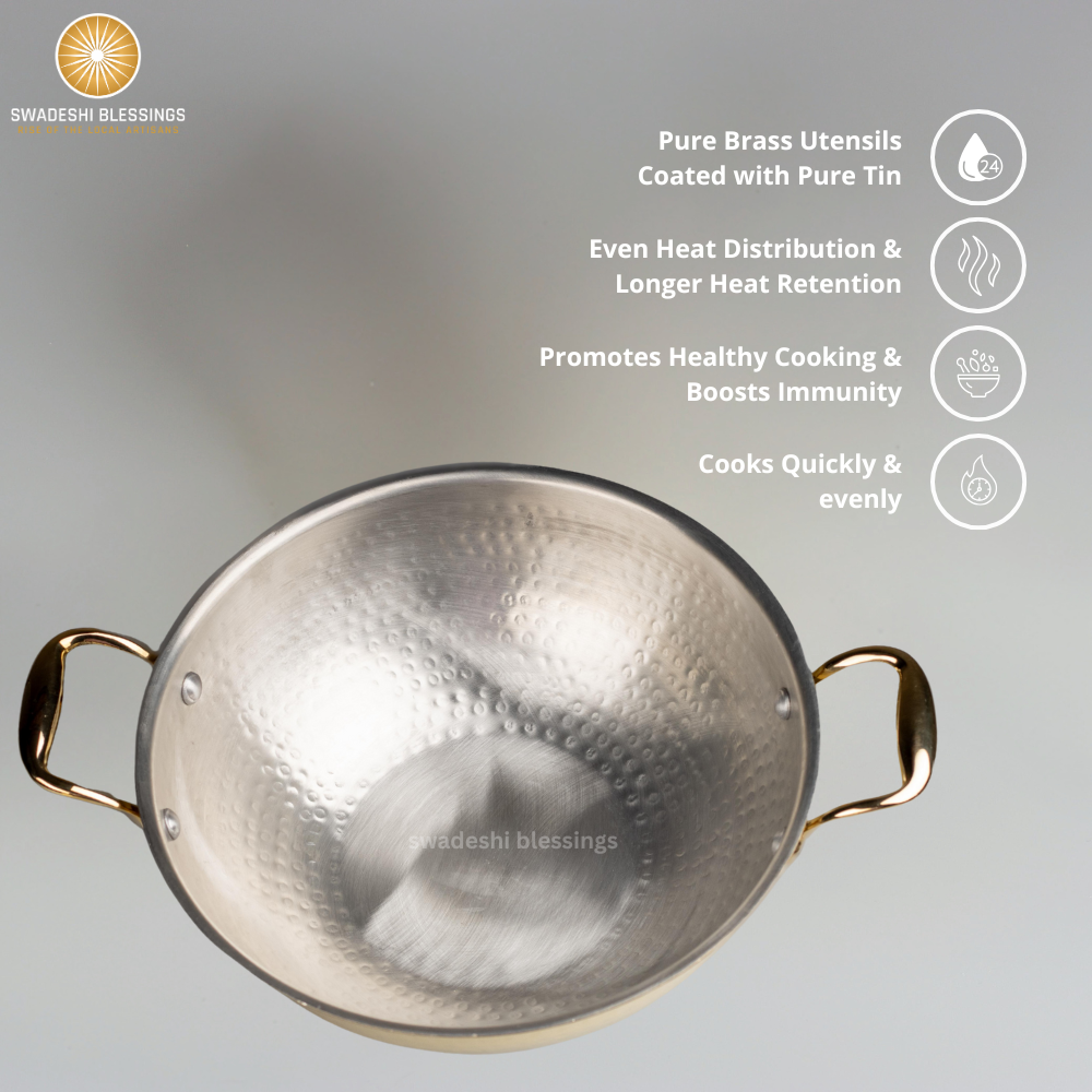 Swadeshi Blessings Exclusive Range Brass Kadai/ Non-Stick Brass Utensils with Tin Coating/Teflon-Free/ Brass Pot & Kadai Combo 3L each