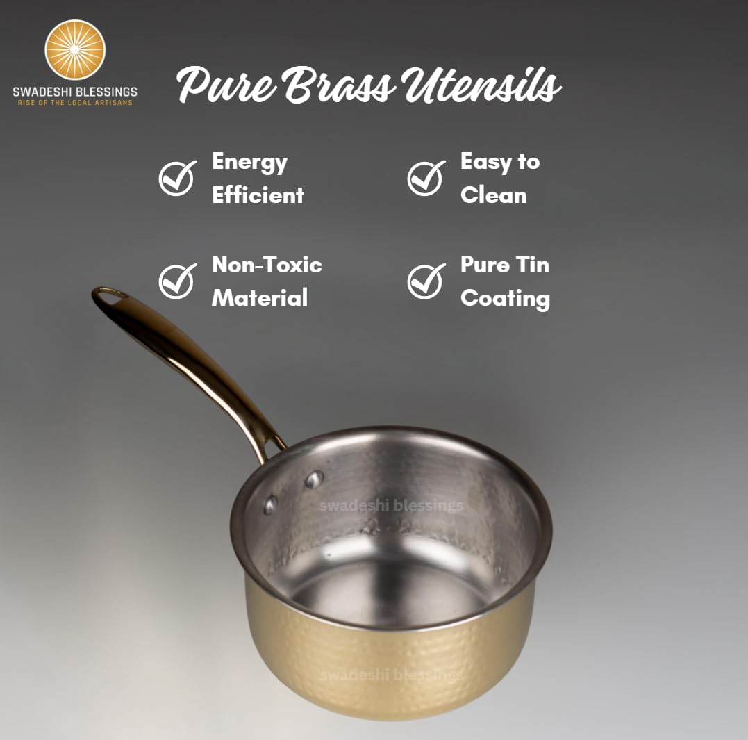 Swadeshi Blessings Exclusive Range Brass Sauce Pan for Cooking without Lid/Teflon-Free/Naturally Non-Stick Brass Utensils with Tin Coating