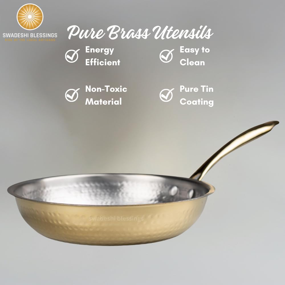 Swadeshi Blessings Exclusive Range Brass Frying Pan for Cooking without Lid/Teflon-Free/Naturally Non-Stick Brass Utensils with Tin Coating