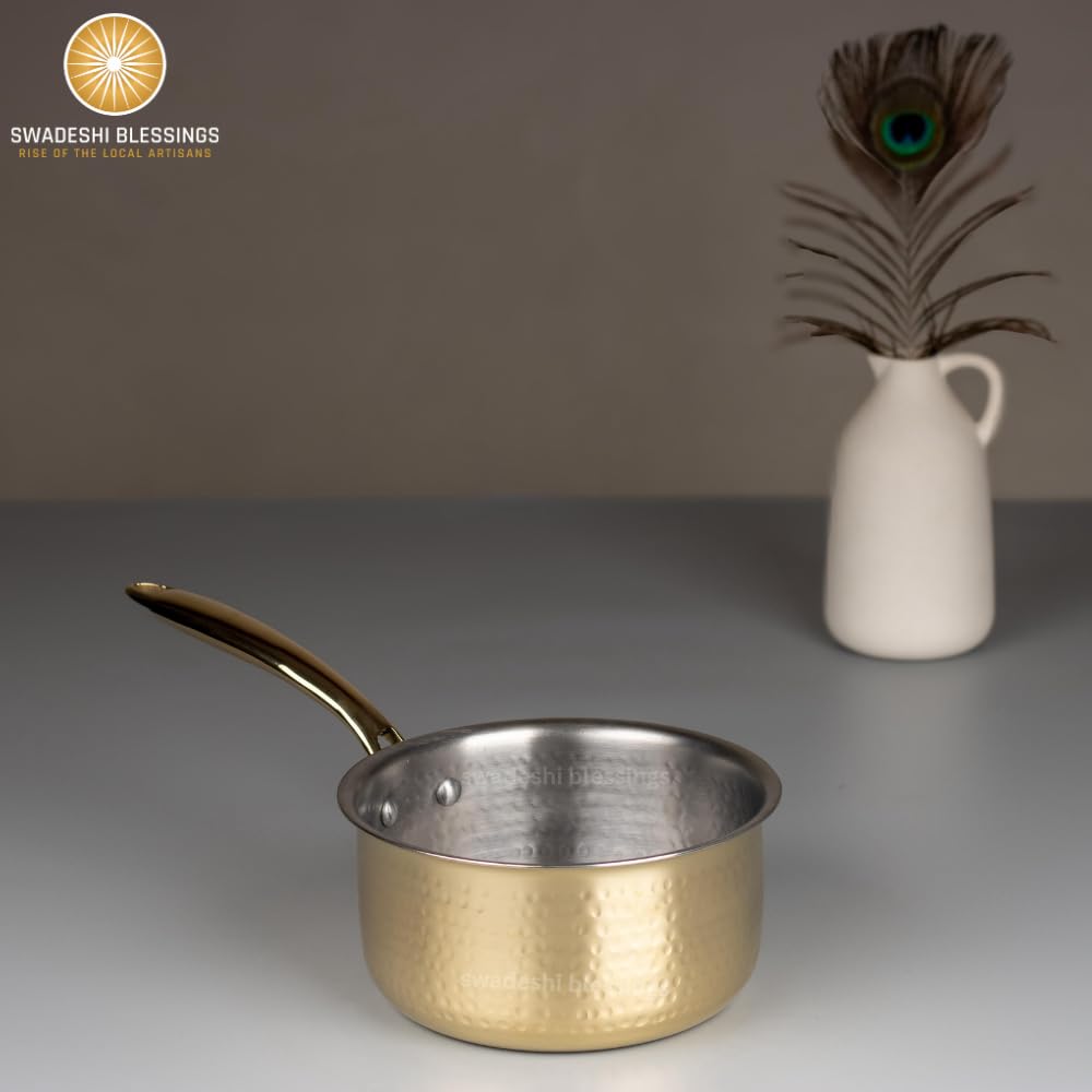 Swadeshi Blessings Exclusive Range Brass Pot/ Non-Stick Brass Utensils with Tin Coating/Teflon-Free/ Brass Sauce Pan & Pot Combo 1.5L & 2L