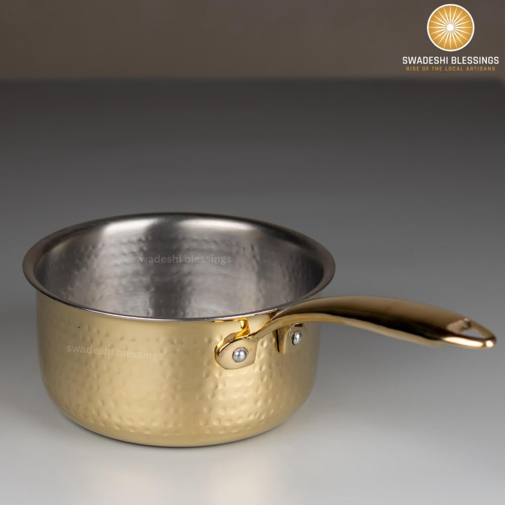 Swadeshi Blessings Exclusive Range Brass Pot/ Non-Stick Brass Utensils with Tin Coating/Teflon-Free/ Brass Sauce Pan & Pot Combo 1.5L & 2L