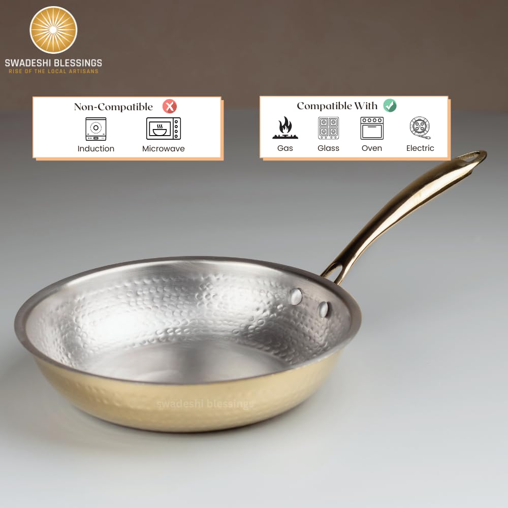 Swadeshi Blessings Exclusive Range Brass Frying Pan for Cooking without Lid/Teflon-Free/Naturally Non-Stick Brass Utensils with Tin Coating