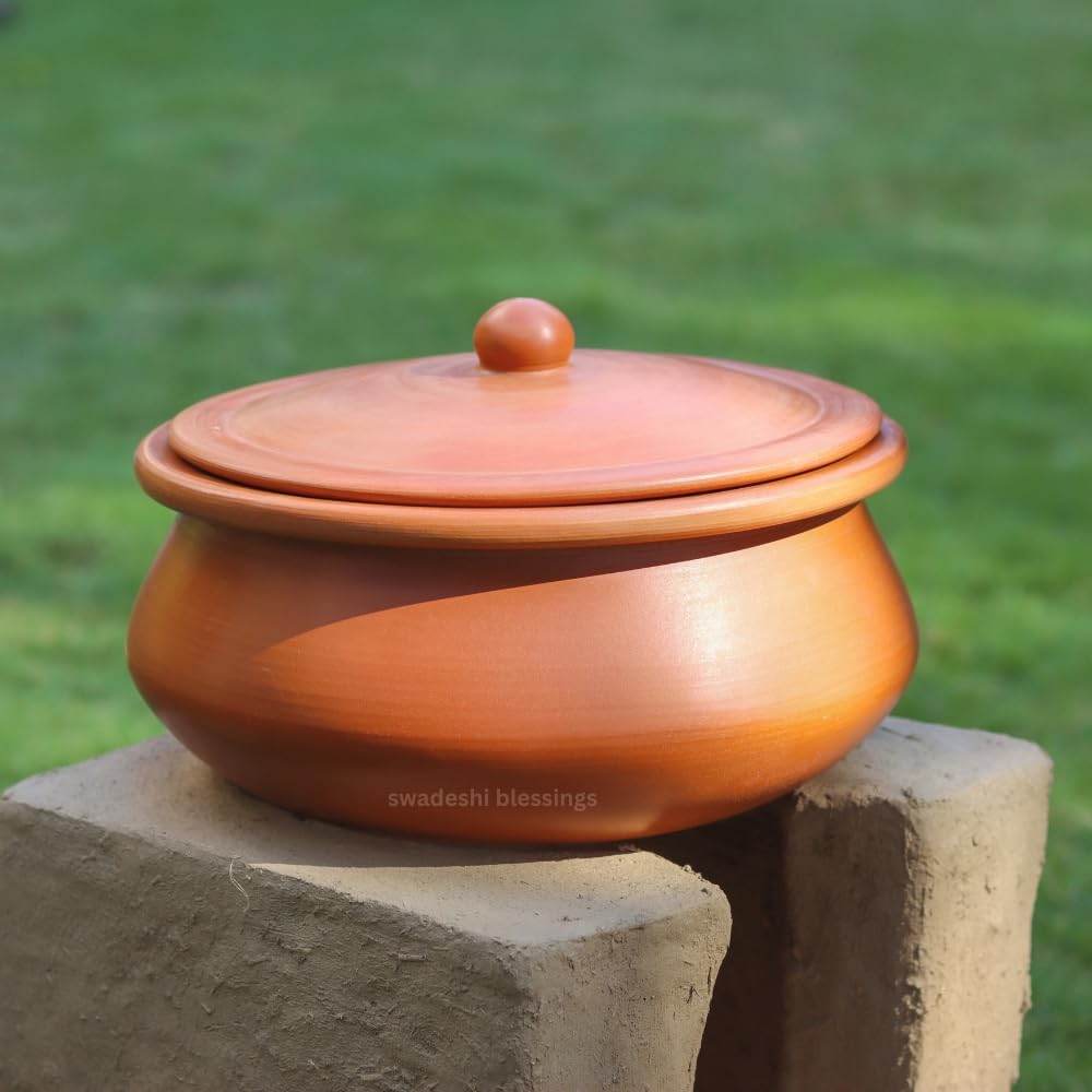 Unglazed Clay Pot for Cooking | Earthen Kadhai | Kerela Handi | Clay Handi for Serving with Lid, 2.8L | Includes Free Palm Leaf Stand and Ash for Cleaning