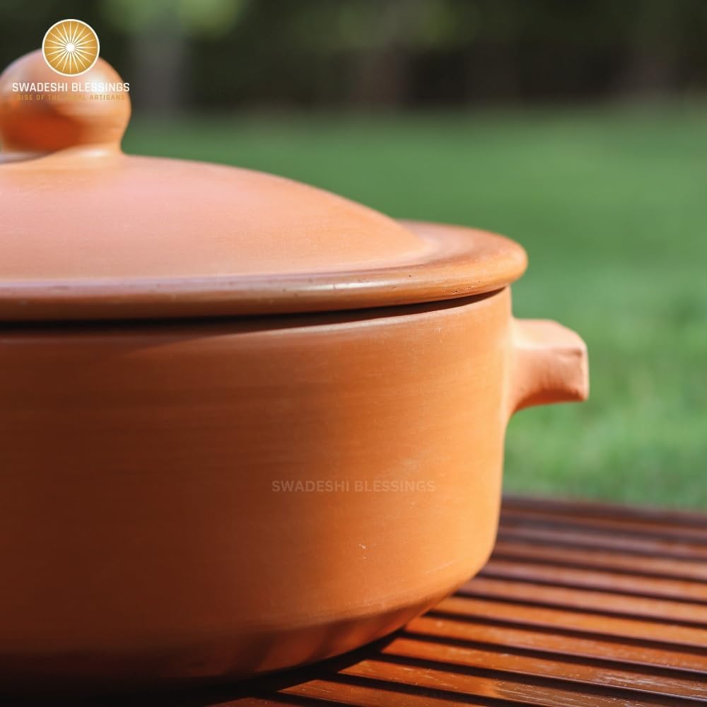 Premium Unglazed Clay Pot for Cooking | Clay Hot Case | Terracota Flat Base Kadai | Clay Hot Case for Serving, 2.5L, Red