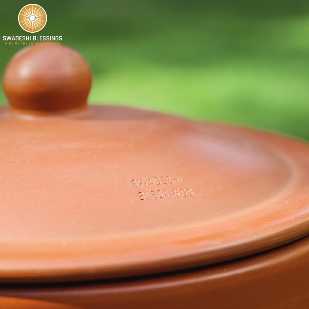 Premium Unglazed Clay Pot for Cooking | Clay Hot Case | Terracota Flat Base Kadai | Clay Hot Case for Serving, 2.5L, Red