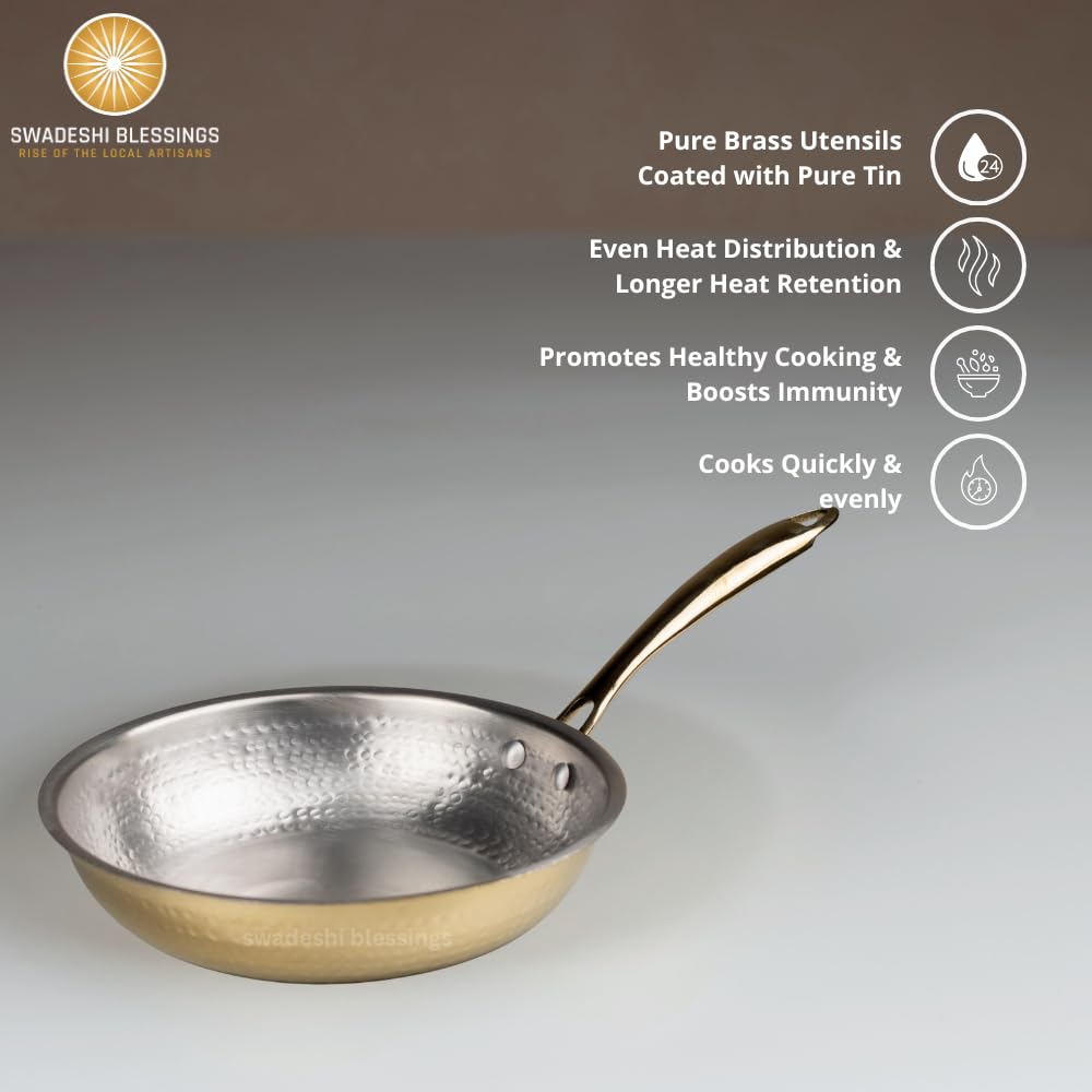 Swadeshi Blessings Exclusive Range Brass Frying Pan for Cooking without Lid/Teflon-Free/Naturally Non-Stick Brass Utensils with Tin Coating