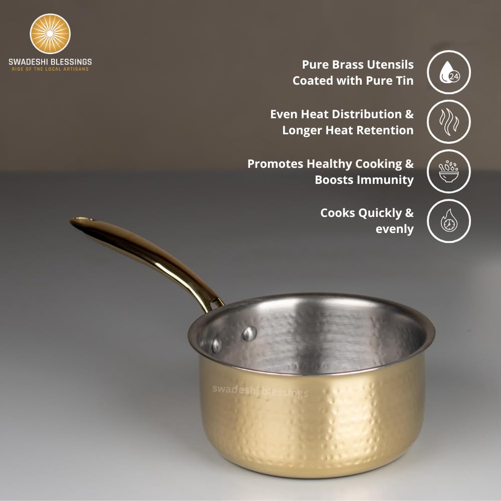 Swadeshi Blessings Exclusive Range Brass Pot/ Non-Stick Brass Utensils with Tin Coating/Teflon-Free/ Brass Sauce Pan & Pot Combo 1.5L & 2L