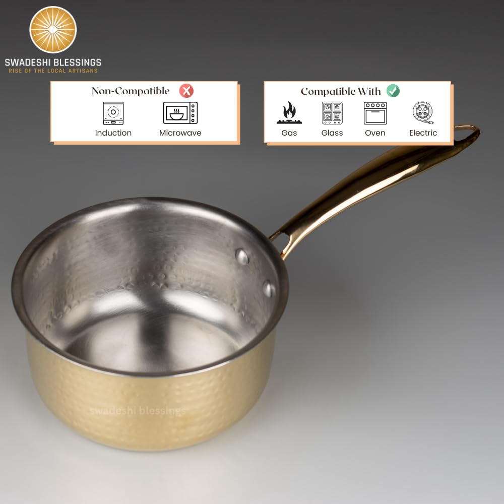 Swadeshi Blessings Exclusive Range Brass Pot/ Non-Stick Brass Utensils with Tin Coating/Teflon-Free/ Brass Sauce Pan & Pot Combo 1.5L & 2L