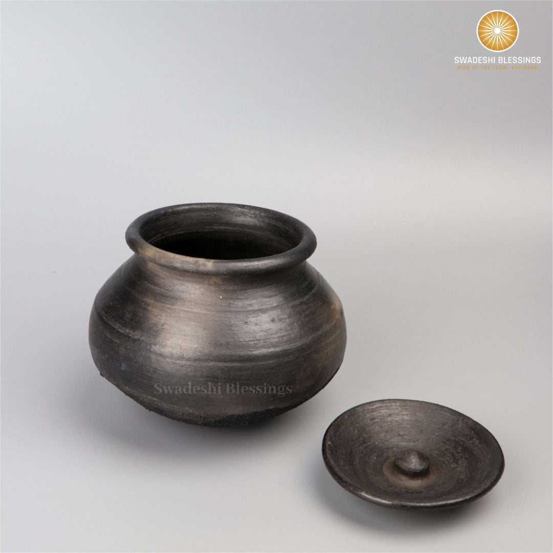 Unglazed Clay Pot for Cooking | Earthen Kadhai | Terracota Black Handi | Clay Handi for Serving with Lid, Black | Includes Free Palm Leaf Stand and Ash for Cleaning