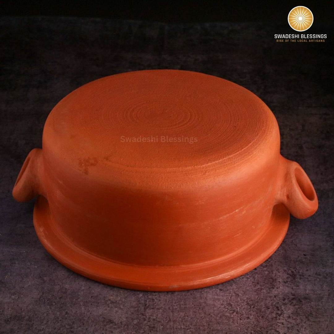 Premium Unglazed Clay Pot for Serving | Earthen Kadhai | Flat Terracota Pot | Clay Handi for Serving with Lid | Includes Free Palm Leaf Stand and Ash for Cleaning