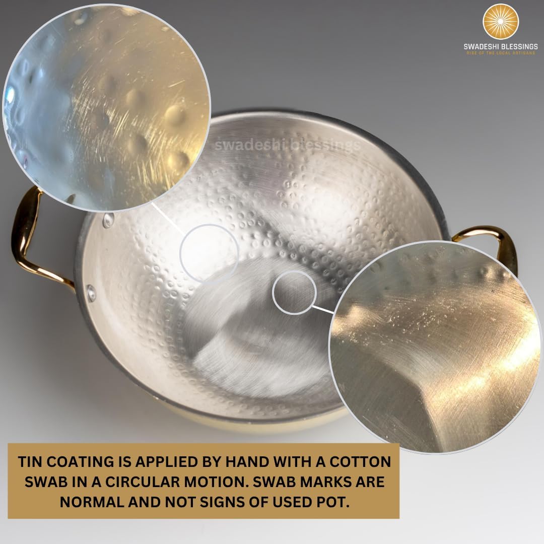 Swadeshi Blessings Exclusive Range Brass Kadai/ Wok Pan for Cooking with Lid/Teflon-Free/Naturally Non-Stick Brass Utensils with Tin Coating