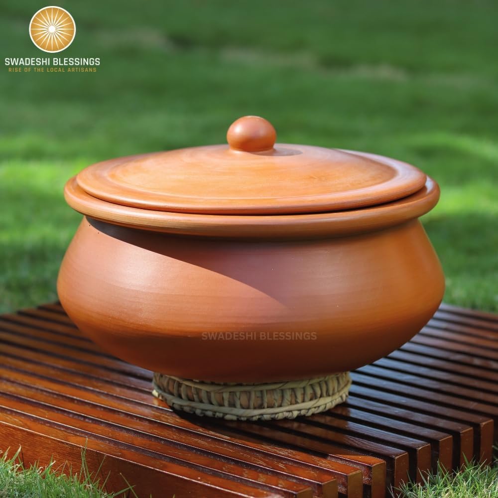 Unglazed Clay Pot for Cooking | Earthen Kadhai | Kerela Handi | Clay Handi for Serving with Lid, 2.8L | Includes Free Palm Leaf Stand and Ash for Cleaning