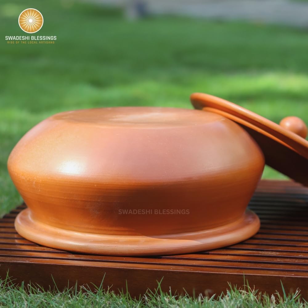 Unglazed Clay Pot for Cooking | Earthen Kadhai | Kerela Handi | Clay Handi for Serving with Lid, 2.8L | Includes Free Palm Leaf Stand and Ash for Cleaning