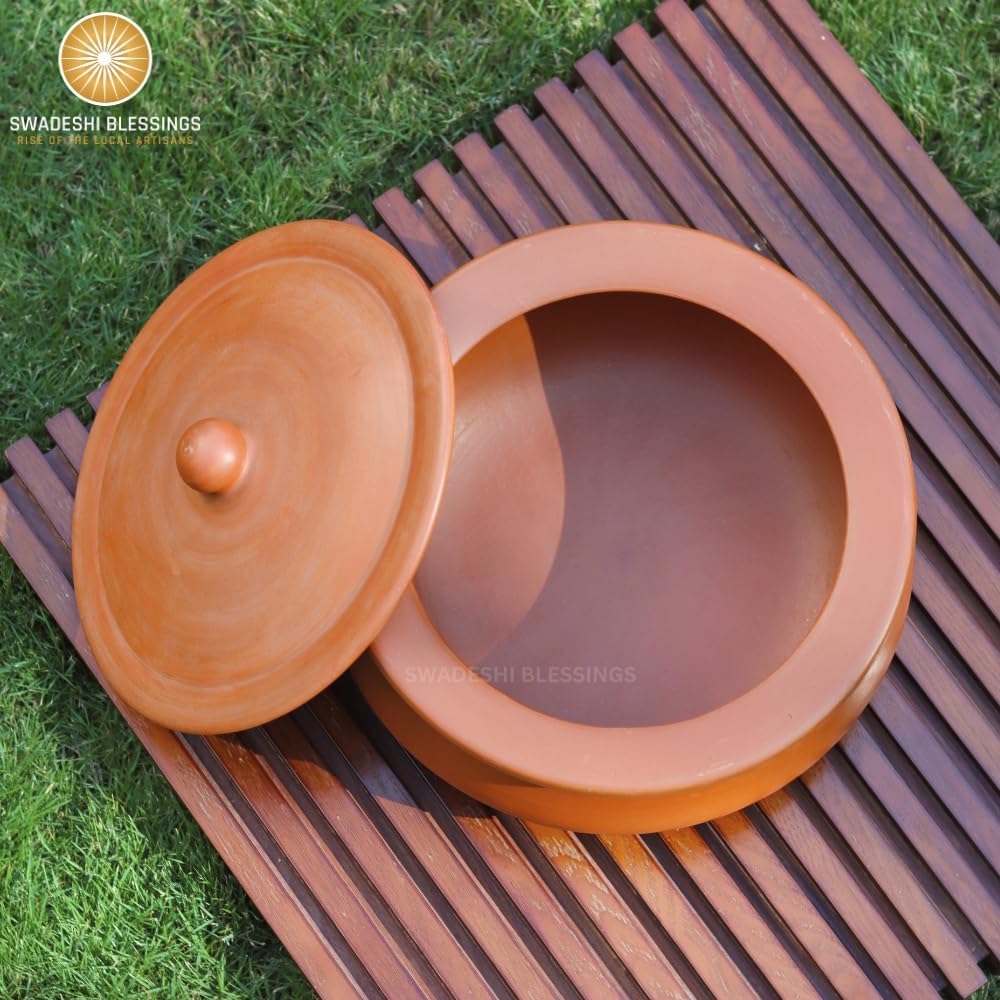 Unglazed Clay Pot for Cooking | Earthen Kadhai | Kerela Handi | Clay Handi for Serving with Lid, 2.8L | Includes Free Palm Leaf Stand and Ash for Cleaning