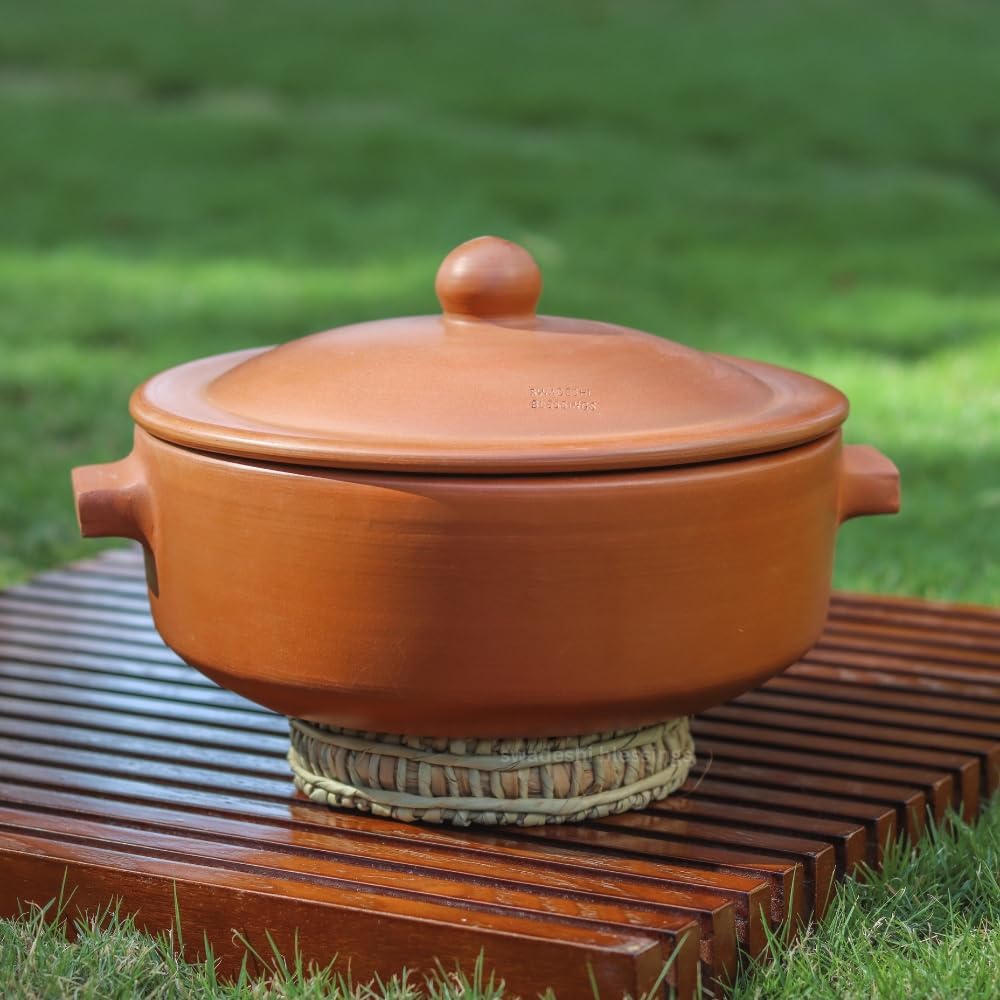 Premium Unglazed Clay Pot for Cooking | Clay Hot Case | Terracota Flat Base Kadai | Clay Hot Case for Serving, 2.5L, Red