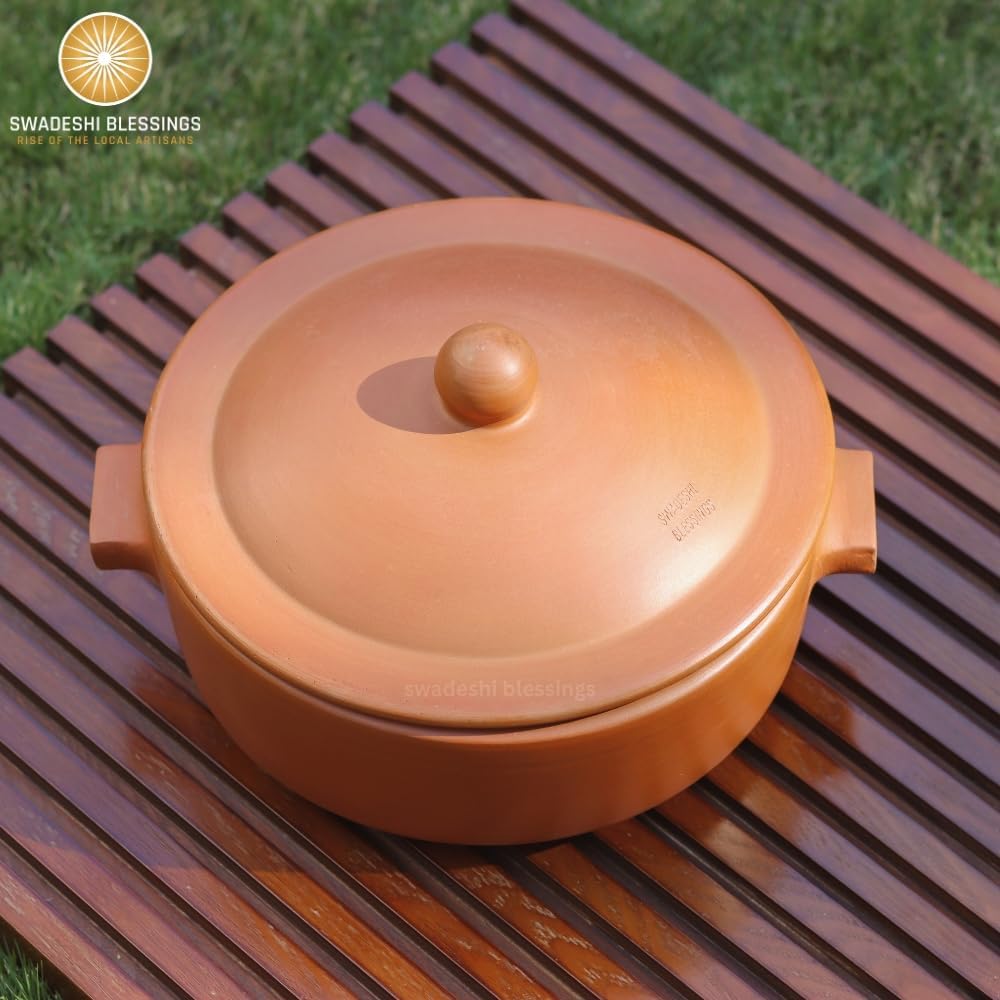 Premium Unglazed Clay Pot for Cooking | Clay Hot Case | Terracota Flat Base Kadai | Clay Hot Case for Serving, 2.5L, Red