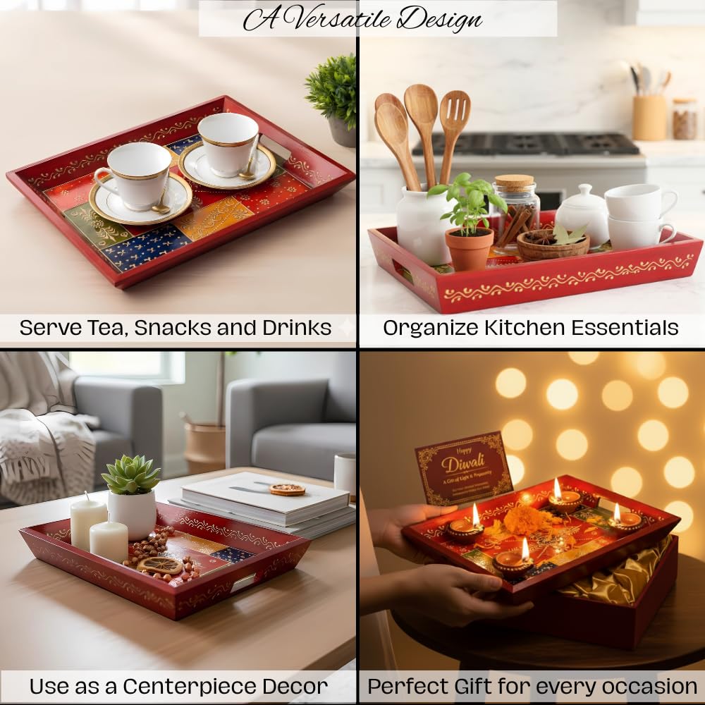 Premium HandPainted Wooden Serving Tray Set of 3 | Antique Diwali Decoration | Home Decor | Wedding, Housewarming Gift | Gift For Her
