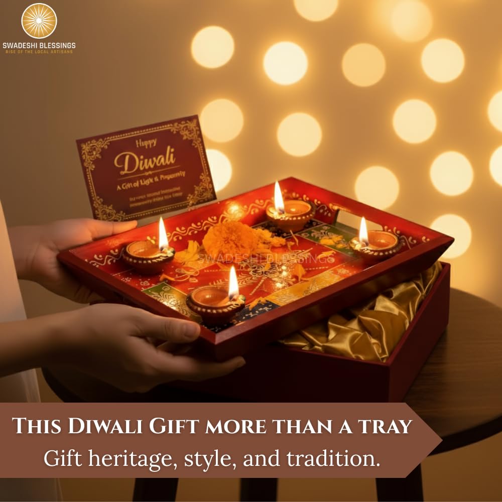 Premium HandPainted Wooden Serving Tray Set of 3 | Antique Diwali Decoration | Home Decor | Wedding, Housewarming Gift | Gift For Her