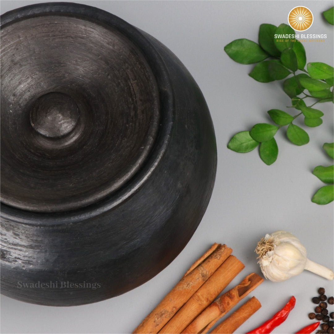 Unglazed Clay Pot for Cooking | Earthen Kadhai | Terracota Black Handi | Clay Handi for Serving with Lid, Black | Includes Free Palm Leaf Stand and Ash for Cleaning