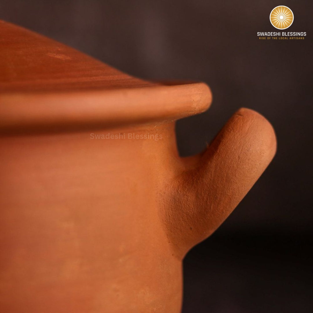 Premium Unglazed Clay Pot for Serving | Earthen Kadhai | Flat Terracota Pot | Clay Handi for Serving with Lid | Includes Free Palm Leaf Stand and Ash for Cleaning