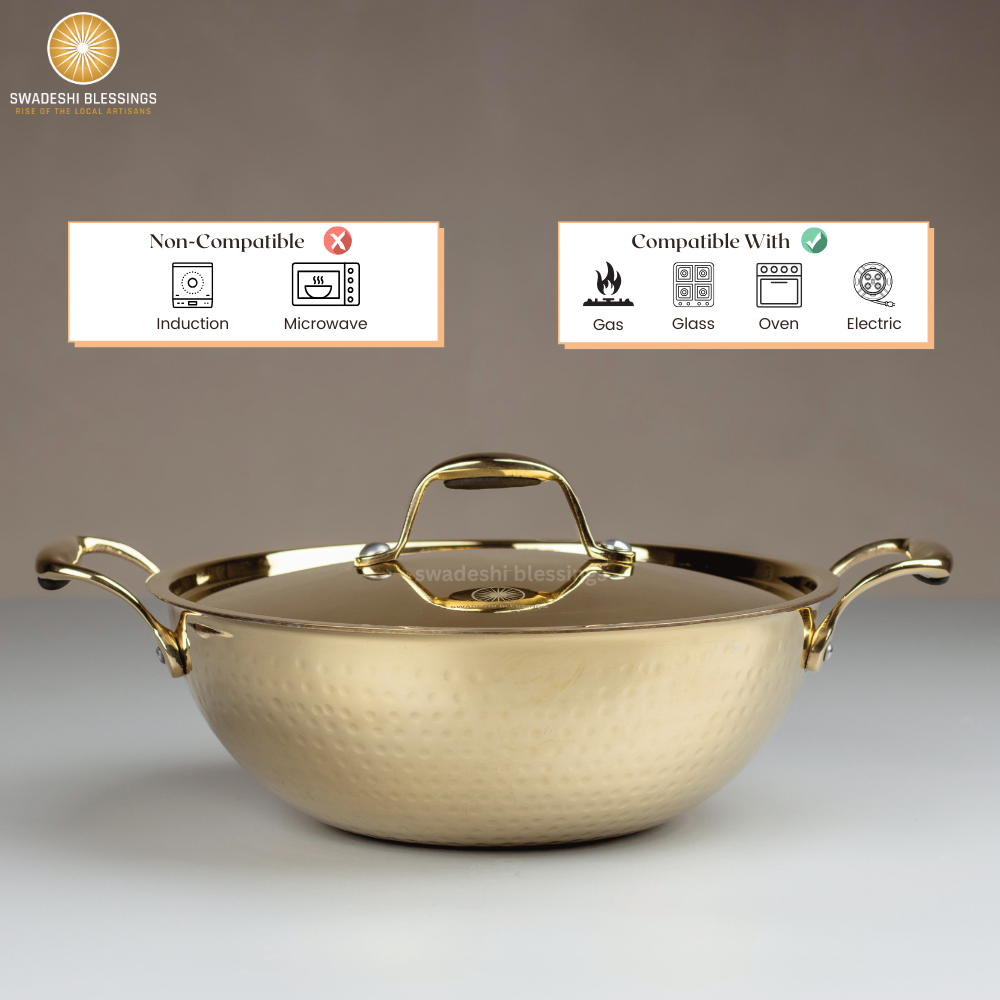 Swadeshi Blessings Exclusive Range Brass Kadai/ Non-Stick Brass Utensils with Tin Coating/Teflon-Free/ Brass Pot & Kadai Combo 3L each