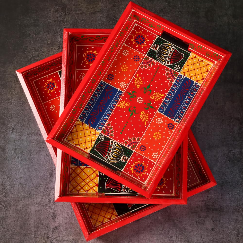 Premium HandPainted Wooden Serving Tray Set of 3 | Antique Diwali Decoration | Home Decor | Wedding, Housewarming Gift | Gift For Her
