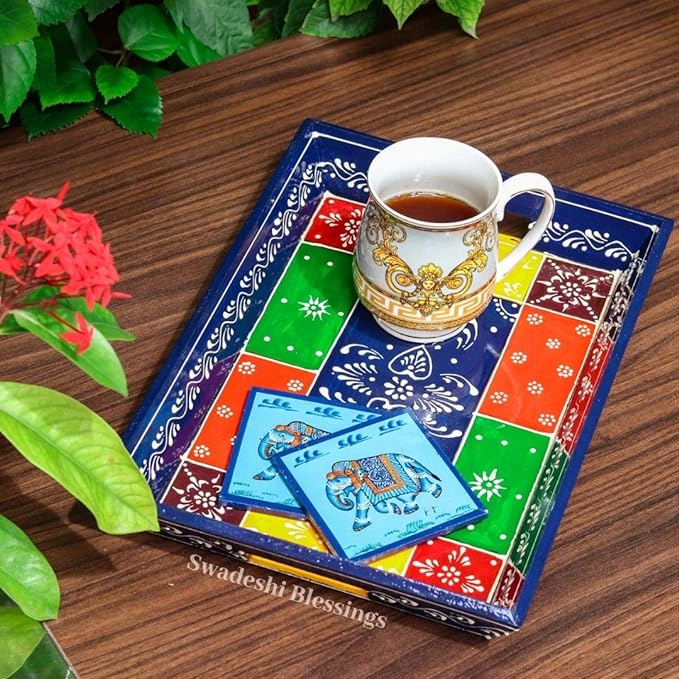 Hand Painted Ceramic Tiled Wooden hot Serving Tray, Decorative Handmade Tray for Home Decor, Birthday Gift, Housewarming