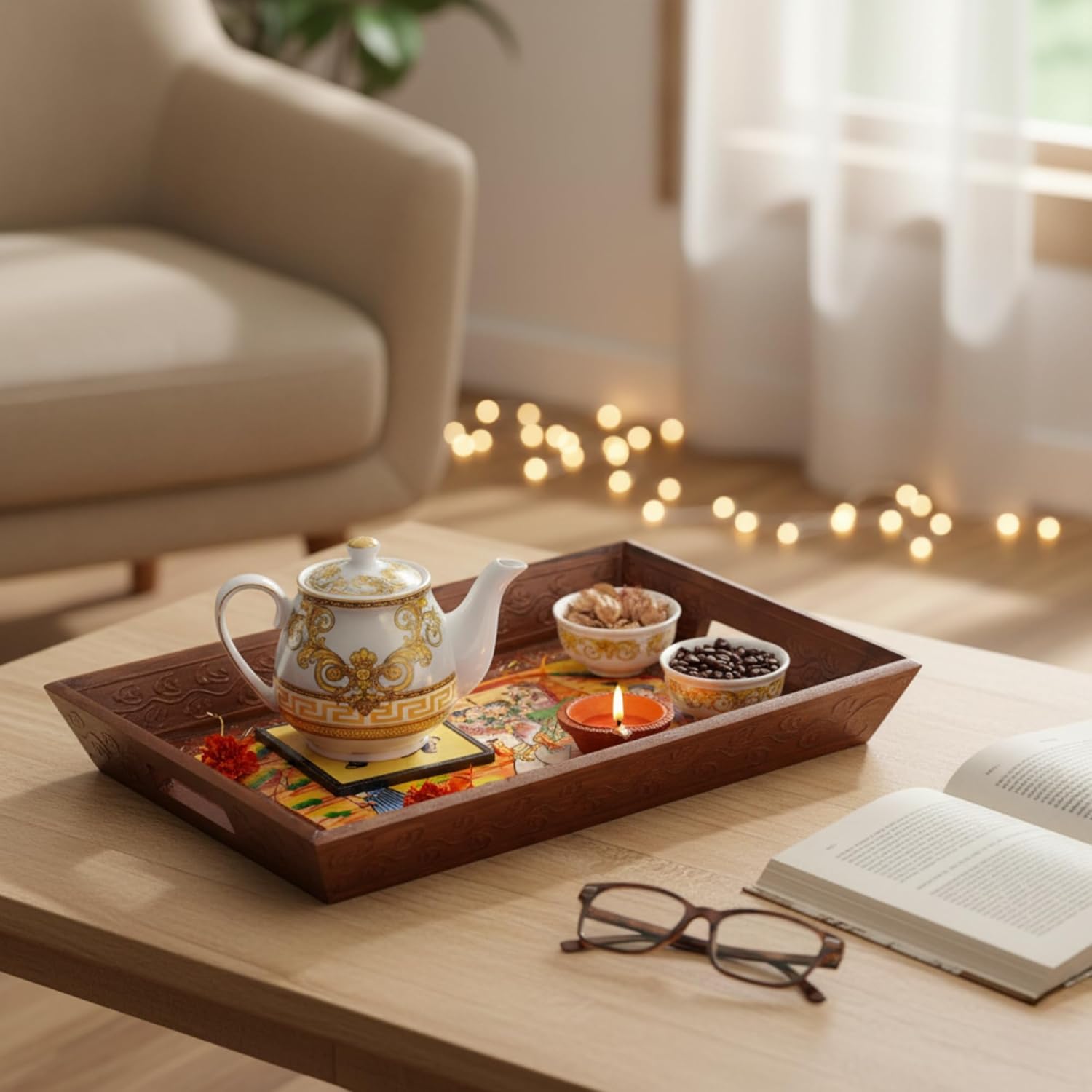 Premium HandPainted Wooden Serving Tray Set of 3 | Antique Diwali Decoration | Home Decor | Wedding, Housewarming Gift | Gift For Her