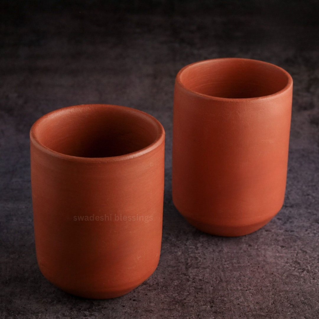 Premium Handmade Unglazed Royal Clay Glass Set | Tea & Coffee Cups, 300ml each | Antique Terracotta Glasses set | Drinking Glass