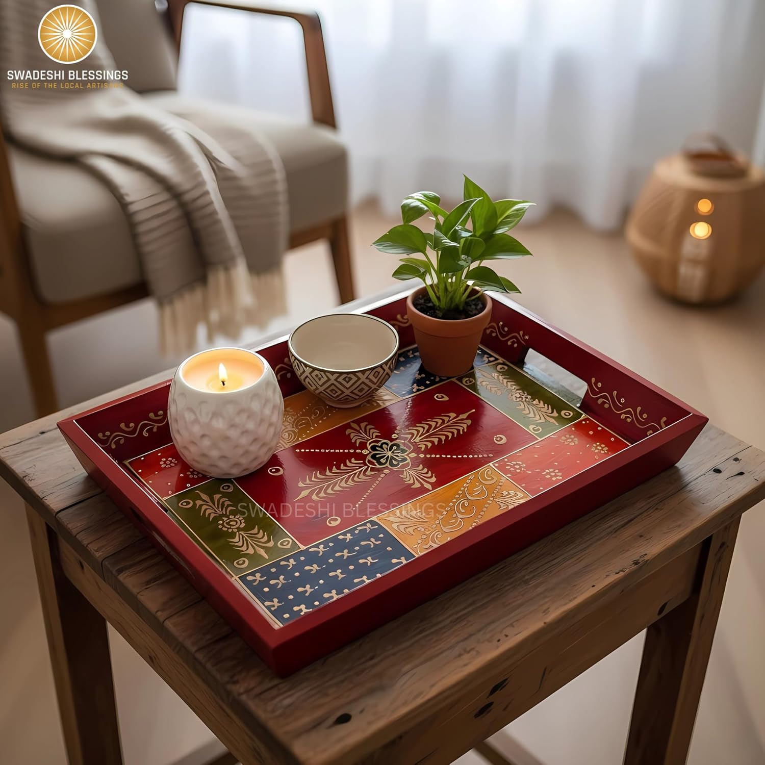 Premium HandPainted Wooden Serving Tray Set of 3 | Antique Diwali Decoration | Home Decor | Wedding, Housewarming Gift | Gift For Her