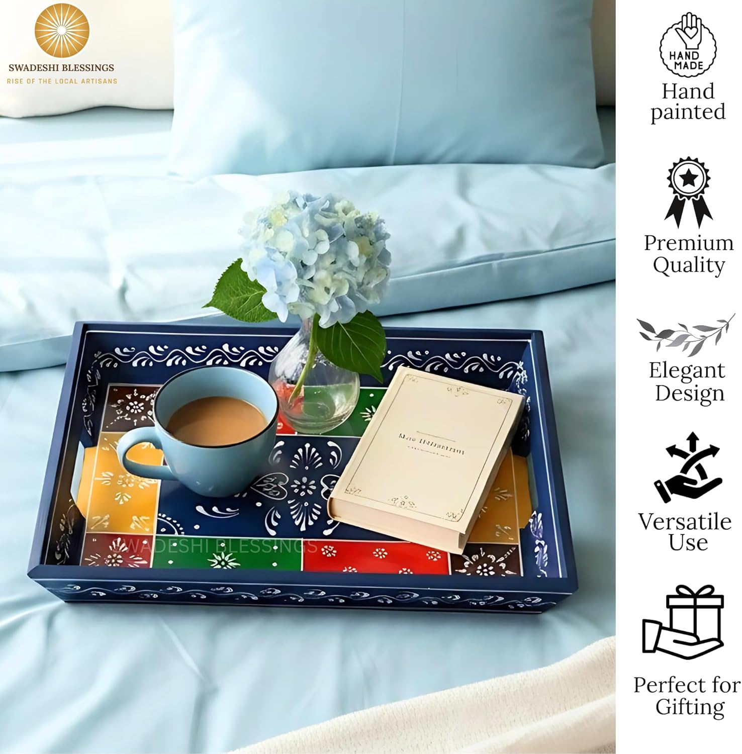 Premium HandPainted Wooden Serving Tray Set of 3 | Antique Diwali Decoration | Home Decor | Wedding, Housewarming Gift | Gift For Her