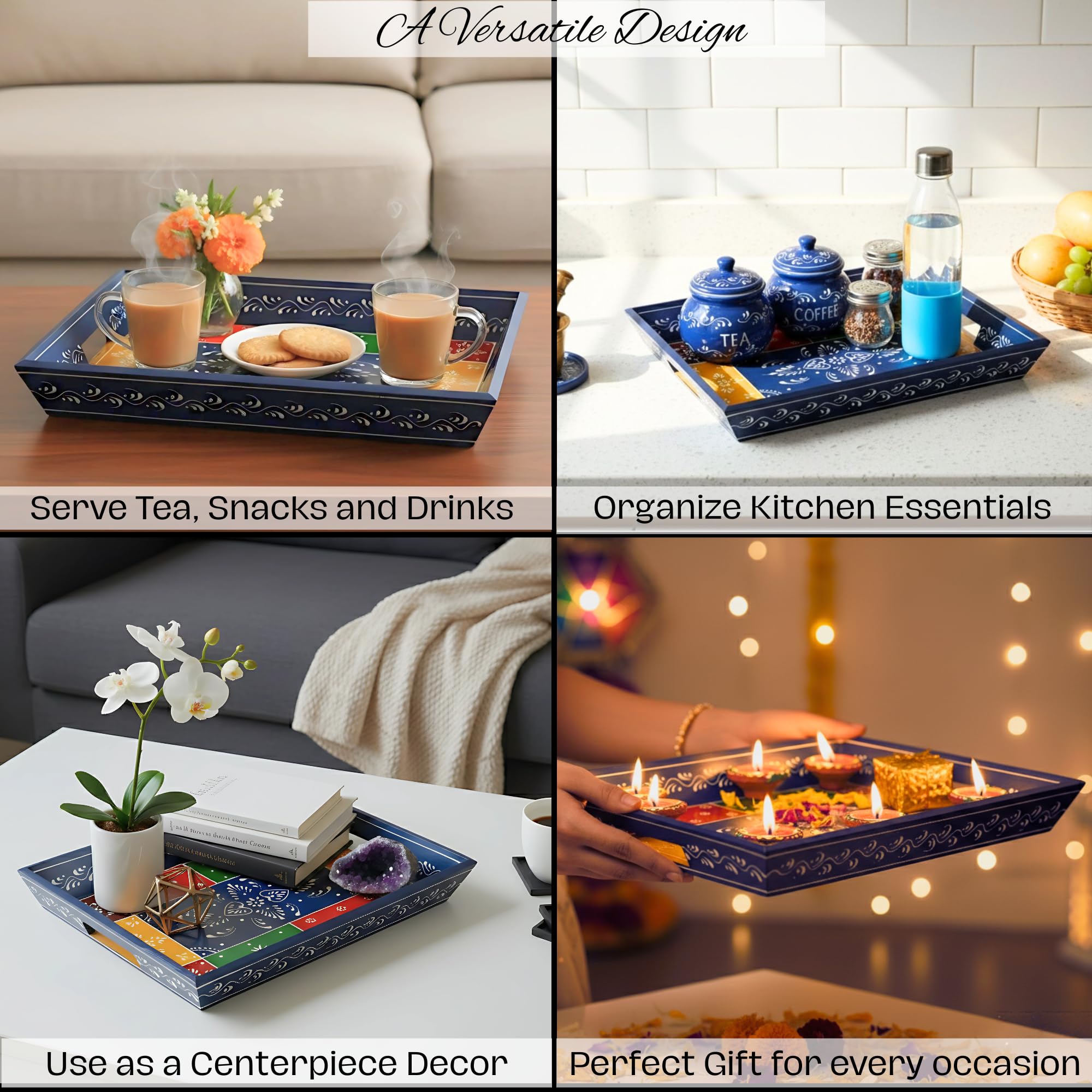 Premium HandPainted Wooden Serving Tray Set of 3 | Antique Diwali Decoration | Home Decor | Wedding, Housewarming Gift | Gift For Her