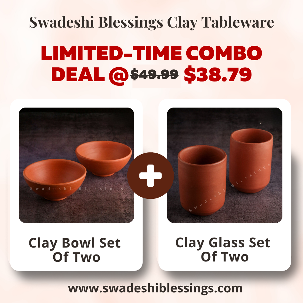 Unglazed Clay Bowl Set & Handmade Clay Glass Set Combo (with Natural White Firing Shade & Mirror Shine) + Free ASH for Cleaning