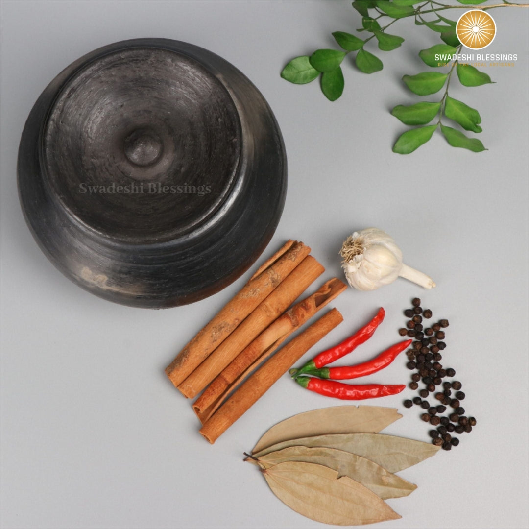 Unglazed Clay Pot for Cooking | Earthen Kadhai | Terracota Black Handi | Clay Handi for Serving with Lid, Black | Includes Free Palm Leaf Stand and Ash for Cleaning