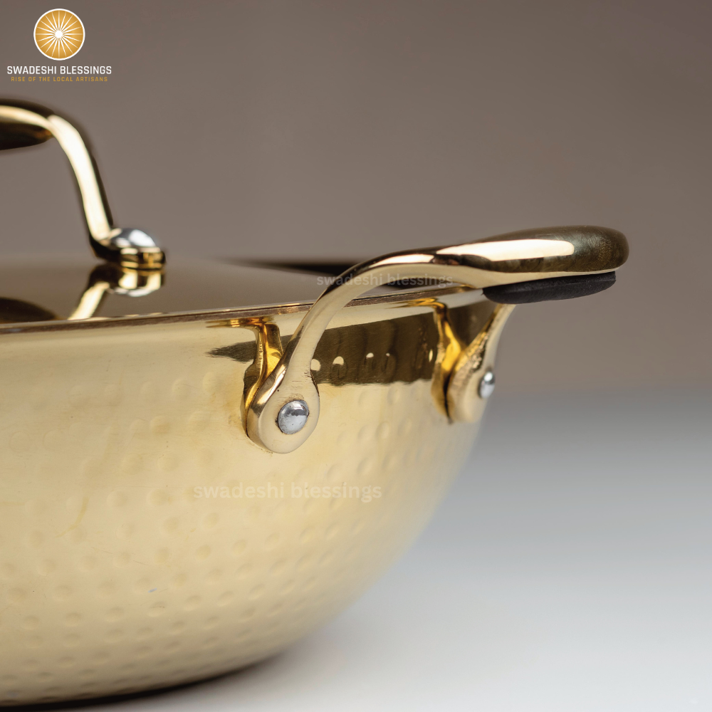 Swadeshi Blessings Exclusive Range Brass Kadai/ Wok Pan for Cooking with Lid/Teflon-Free/Naturally Non-Stick Brass Utensils with Tin Coating