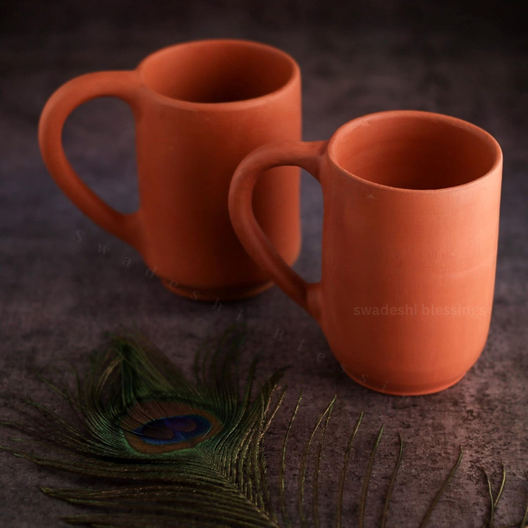 Premium Handmade Unglazed Royal Clay Mugs Set | Tea & Coffee Cups, 400ml | Antique Terracotta Mugs | Drinking Mug